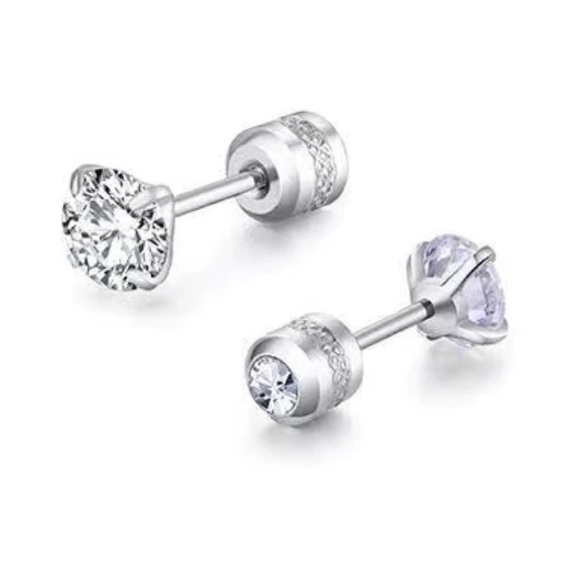 Diamond stud screw on earrings 6mm Hypoallergenic Cubic Zirconia Stainless steel - Picture 10 of 11